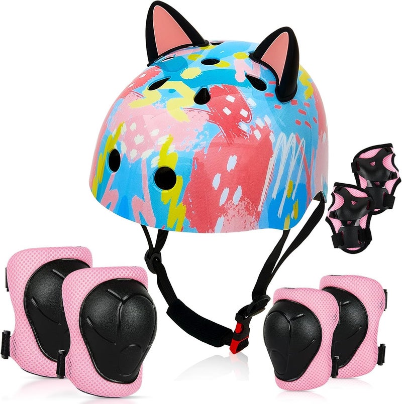 FIODAY Kids Helmet, Bike Helmets for Kids 8-14 with Knee Pads and Elbow Pads Wrist Guards, Adjustable Youth Girls Bike Helmet with DIY Cat Ears Skateboard Helmet for Scooter Skating Cycling - Image 1